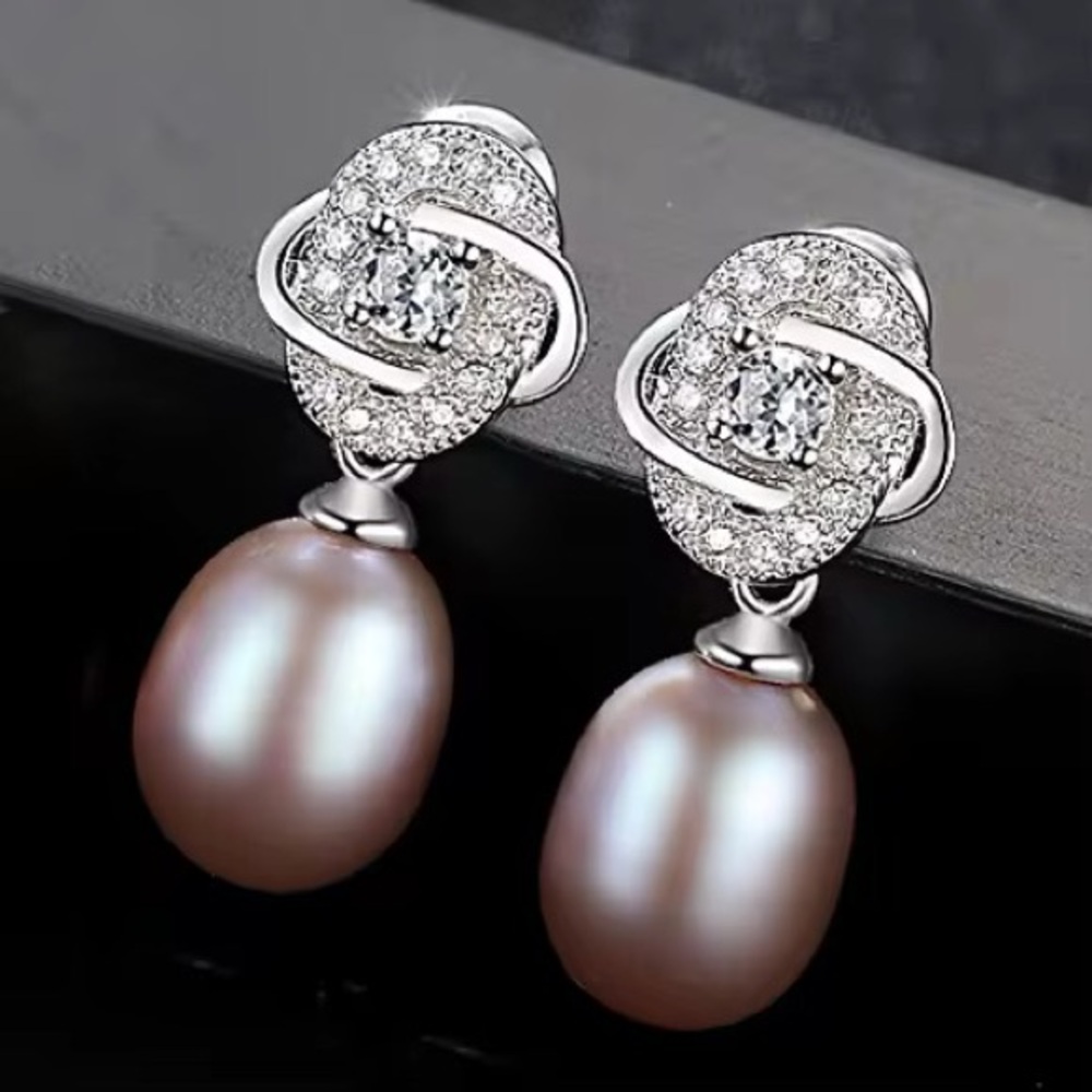 •Timeless Natural Pearl 925 Silver Tiny CZ Diamond Vintage Flower Drop Earrings